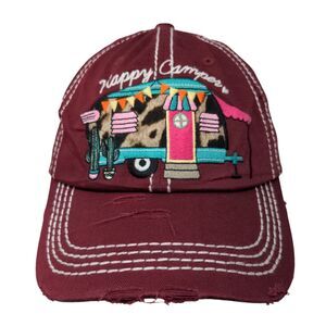 Happy Camper Strapback Hat Red One Size Embroidered Distressed KB ETHOS Vintage